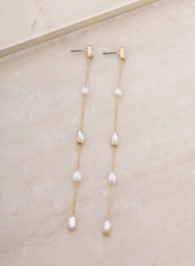 Ettika Gold Earrings. Pearl Earrings For Women. Freshwater Pearl and Crystal Linear 18k Gold Plated Dangle Earrings. Birthday Gifts For Women - Image 3