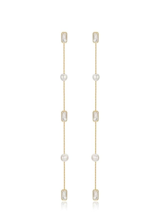 Ettika Gold Earrings. Pearl Earrings For Women. Freshwater Pearl and Crystal Linear 18k Gold Plated Dangle Earrings. Birthday Gifts For Women - Image 1