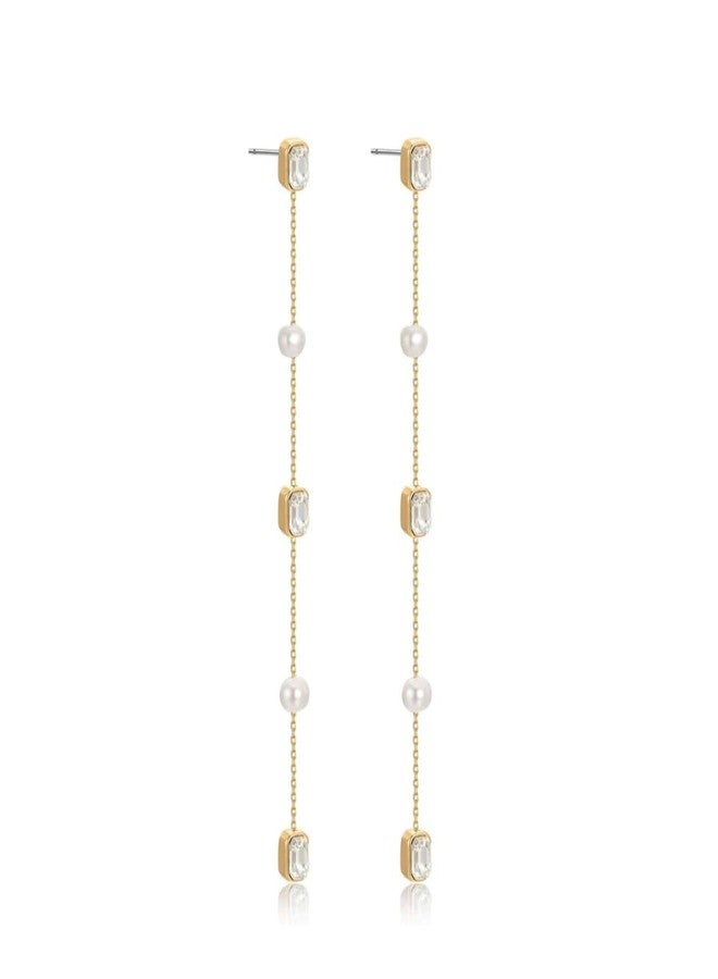 Ettika Gold Earrings. Pearl Earrings For Women. Freshwater Pearl and Crystal Linear 18k Gold Plated Dangle Earrings. Birthday Gifts For Women - Image 4
