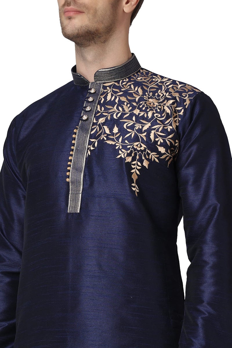 Royal Kurta Mens Silk Patchwork Dhoti Kurta Set (Navy Blue, Size - 38) - Image 4