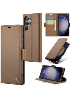 CaseMe Flip Wallet Case For Samsung Galaxy S24 Ultra, [RFID Blocking] PU Leather Wallet Flip Folio Case with Card Holder Kickstand Shockproof Phone Cover (Brown)  - Image 1