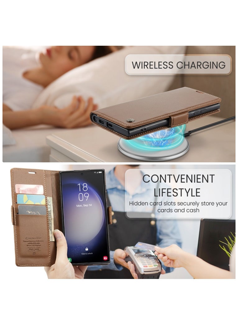 CaseMe Flip Wallet Case For Samsung Galaxy S24 Ultra, [RFID Blocking] PU Leather Wallet Flip Folio Case with Card Holder Kickstand Shockproof Phone Cover (Brown) - Image 4