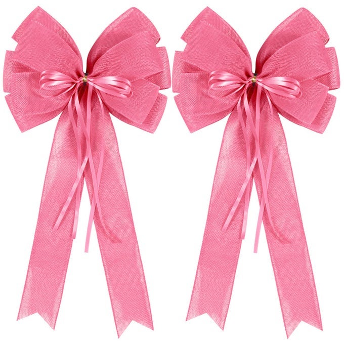 2 Pcs Large Pink Easter Wreath Bow DecorSpring Summer Tree Topper Bow DecorationsDecorative Bow with Pink Burlap and Glitter String for Christmas Holiday Home Front Door Outdoor