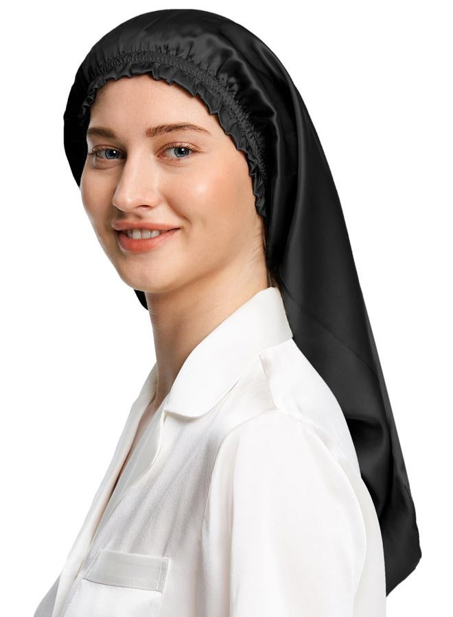 LilySilk غطاء نوم حرير طويل جداً للنساء بونيت ناعم قابل للتعديل للشعر المجعد والطويل - حزام مرن ناعم، أسود - Image 1