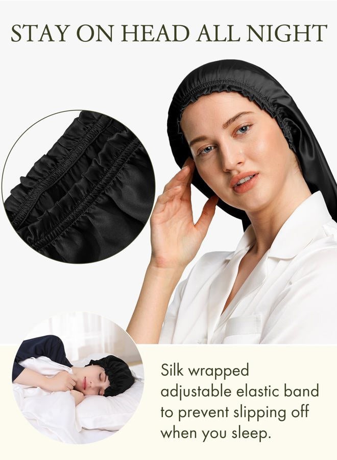 LilySilk غطاء نوم حرير طويل جداً للنساء بونيت ناعم قابل للتعديل للشعر المجعد والطويل - حزام مرن ناعم، أسود - Image 2