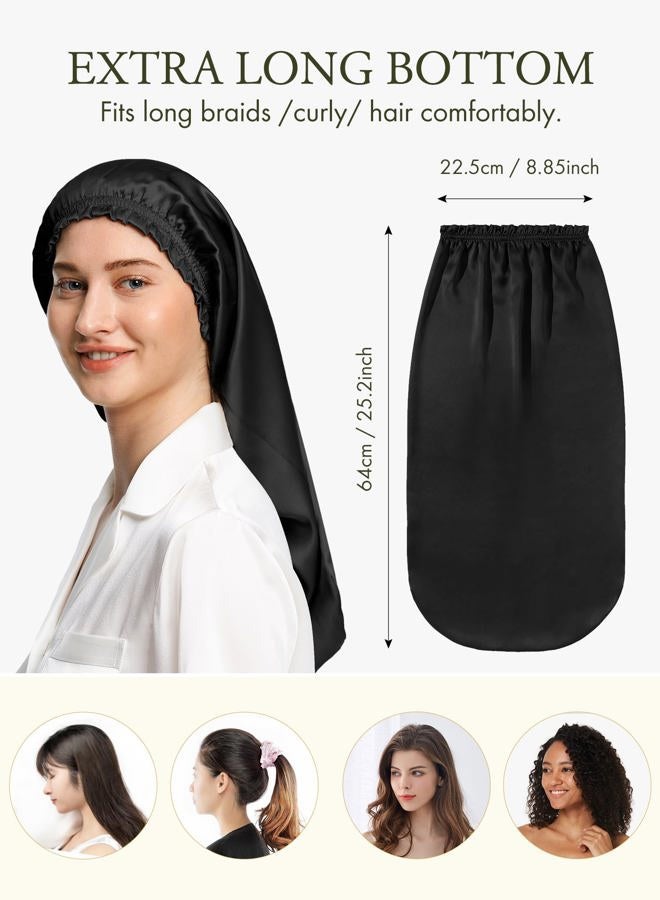 LilySilk غطاء نوم حرير طويل جداً للنساء بونيت ناعم قابل للتعديل للشعر المجعد والطويل - حزام مرن ناعم، أسود - Image 3