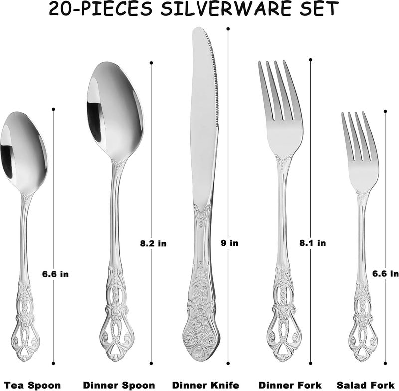 ROMAWARE Silverware Set for 4 Stainless Steel Gorgeous Retro Royal Flatware Set 20Pieces Cutlery Tableware set Kitchen utensils set Include Spoons And Forks Set Mirror Finish Dishwasher Safe - Image 2