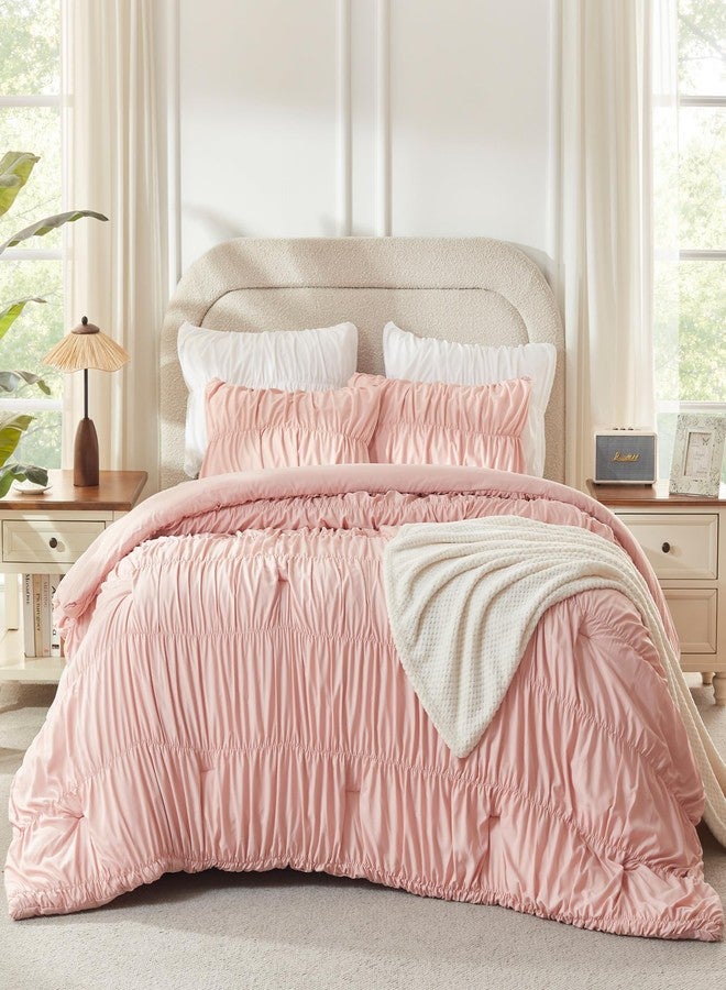 Andency Ruched Blush Pink Full Size Comforter Sets, Shabby Chic Pleatd Bedding Sets 3 Pieces, Lightweight Soft Boho Ruffle Bed Set for Girls, Kids, Women, All Season - Image 2