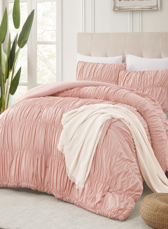 Andency Ruched Blush Pink Full Size Comforter Sets, Shabby Chic Pleatd Bedding Sets 3 Pieces, Lightweight Soft Boho Ruffle Bed Set for Girls, Kids, Women, All Season - Image 1