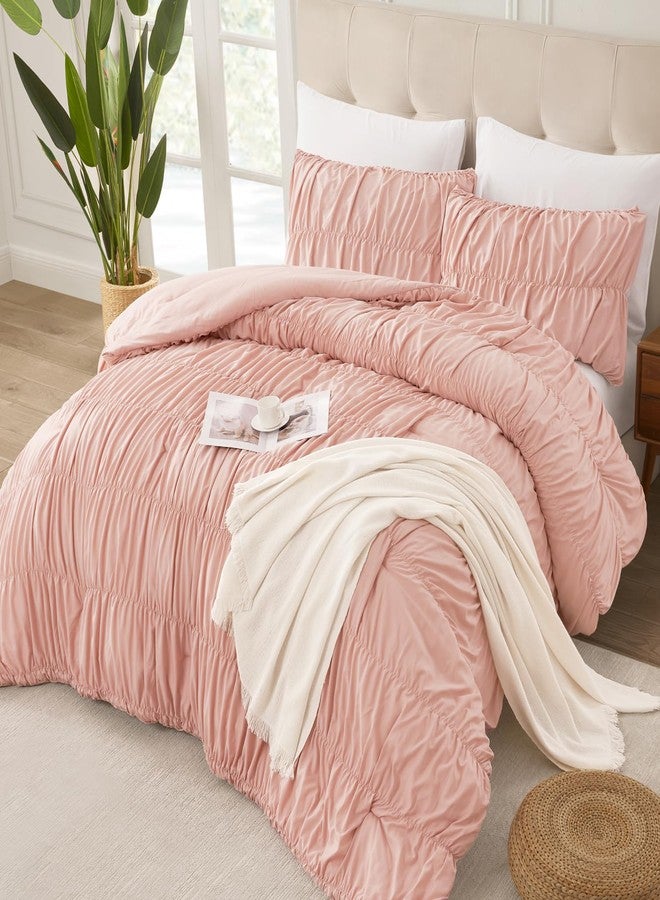Andency Ruched Blush Pink Full Size Comforter Sets, Shabby Chic Pleatd Bedding Sets 3 Pieces, Lightweight Soft Boho Ruffle Bed Set for Girls, Kids, Women, All Season - Image 3
