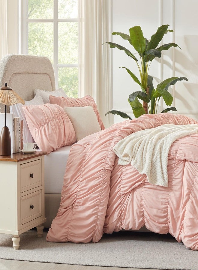 Andency Ruched Blush Pink Full Size Comforter Sets, Shabby Chic Pleatd Bedding Sets 3 Pieces, Lightweight Soft Boho Ruffle Bed Set for Girls, Kids, Women, All Season - Image 4