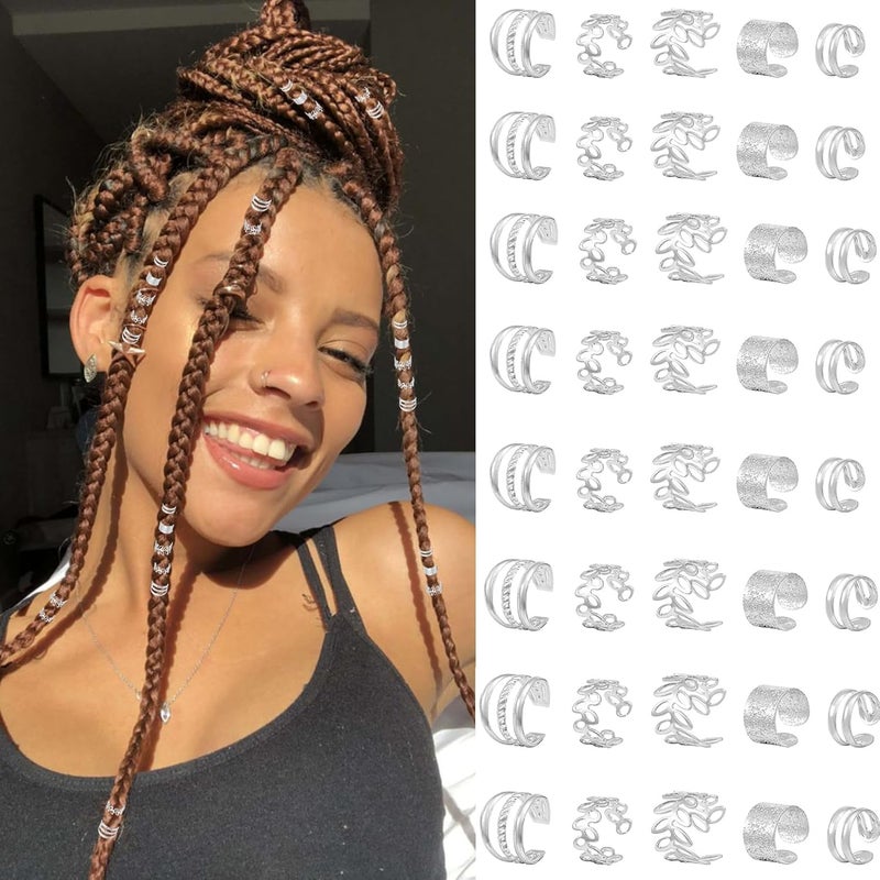 40Pcs Silver Hair Jewelry Clips Braids Hair Accessories Dreadlock Beads Cuffs Metal Clips for Women Girls Men Braids Festivals Party Decorations