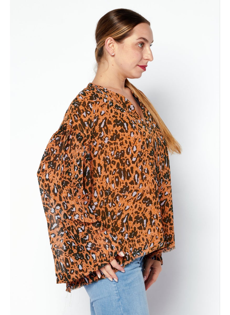 Jessica Simpson - Women Split Neck Long Sleeves Animal Pattern Blouse, Orange Combo - Image 1