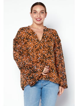 Women Split Neck Long Sleeves Animal Pattern Blouse, Orange Combo