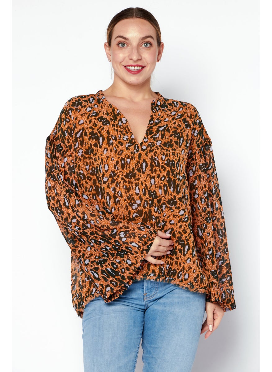 Jessica Simpson - Women Split Neck Long Sleeves Animal Pattern Blouse, Orange Combo - Image 1