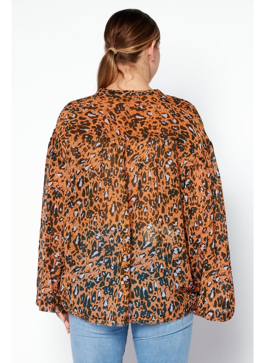 Jessica Simpson - Women Split Neck Long Sleeves Animal Pattern Blouse, Orange Combo - Image 1