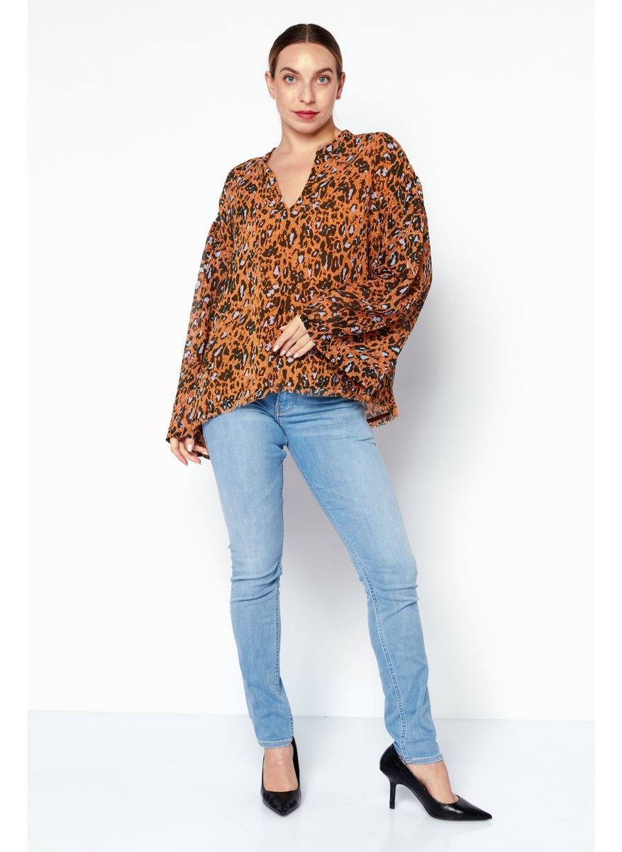 Jessica Simpson - Women Split Neck Long Sleeves Animal Pattern Blouse, Orange Combo - Image 1