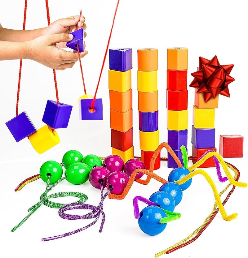 Skoolzy 46 Pcs Lacing Beads - Large Beads for Preschool Learning Activities, Sensory Toys for Toddlers 3-4, Autism Toys for Toddlers 3-4, Ideal for Cognitive and Motor Skills Development - Image 1