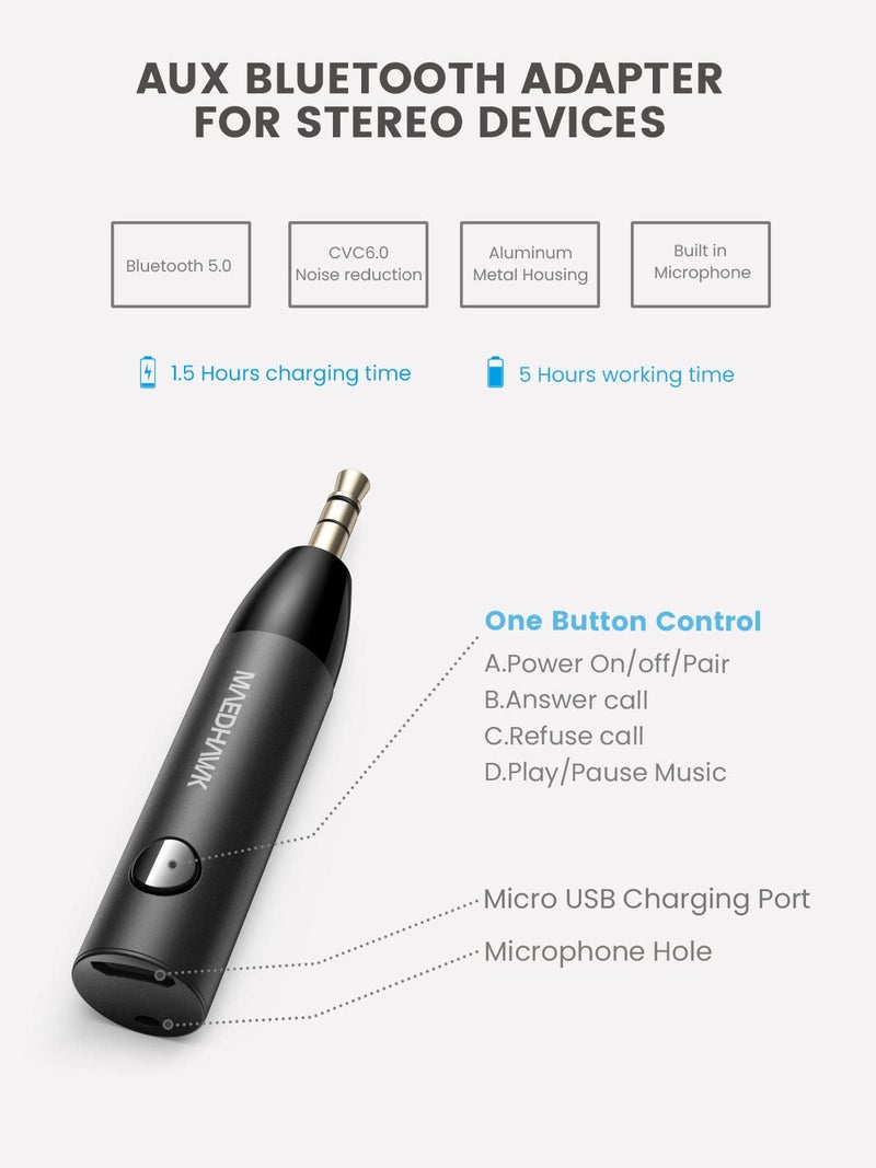 Maedhawk 3.5mm Bluetooth Aux Adapter for Car, [Noise Cancelling] Bluetooth 5.0 Receiver with Built-in Mic for Hands-Free Calls, Home Audio Stereo Headphone Speaker Music Streaming - Image 2