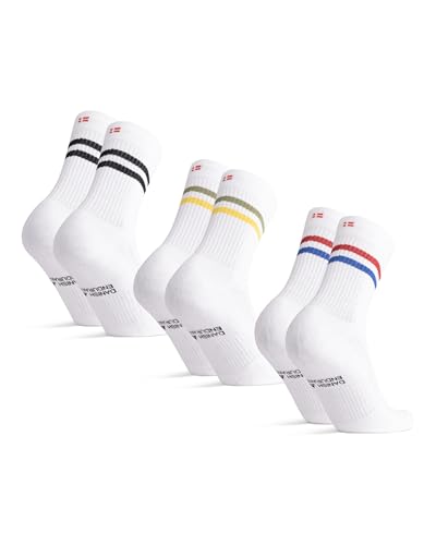 DANISH ENDURANCE Athletic Tennis Socks for Women & Men, Crew Length, 3 or 6-Packs, White Multicolor (1x Black Stripes, 1x Green/Yellow Stripes, 1x Red/Blue Stripes), Large - Image 1