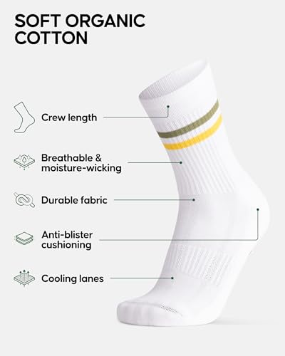 DANISH ENDURANCE Athletic Tennis Socks for Women & Men, Crew Length, 3 or 6-Packs, White Multicolor (1x Black Stripes, 1x Green/Yellow Stripes, 1x Red/Blue Stripes), Large - Image 2