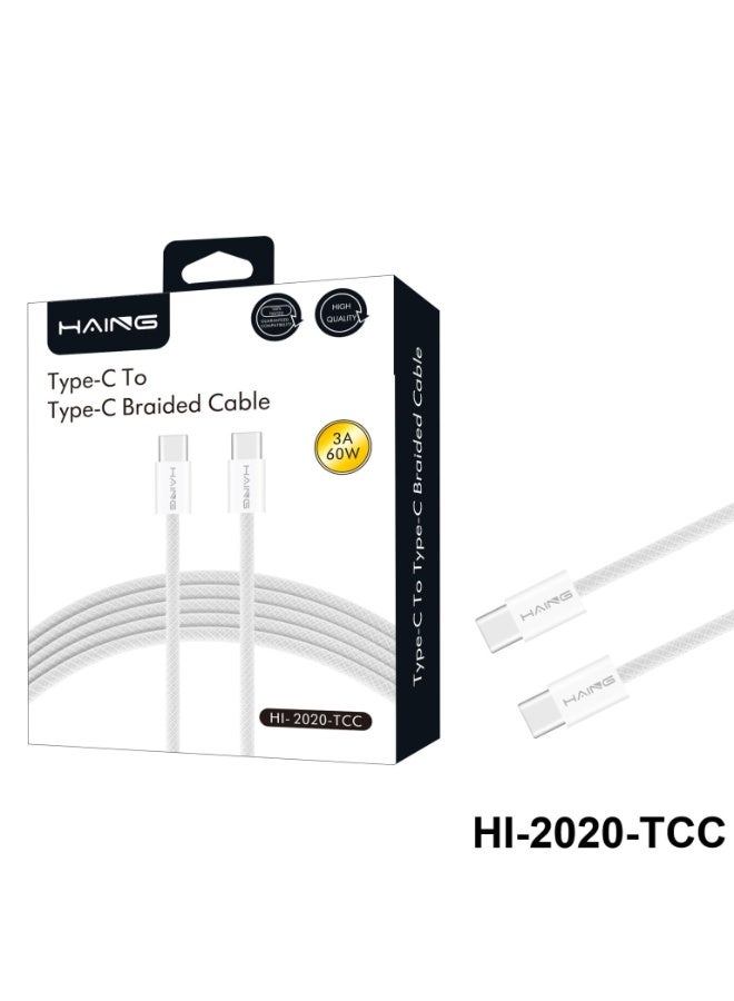 Haing Type-C to Type-C Braided Cable, 3A 60W Fast Charging, Durable Nylon USB-C Cable for Smartphones, Tablets & Laptops – White - Image 2