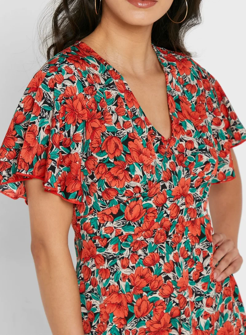 ELLA Printed V Neck Dress