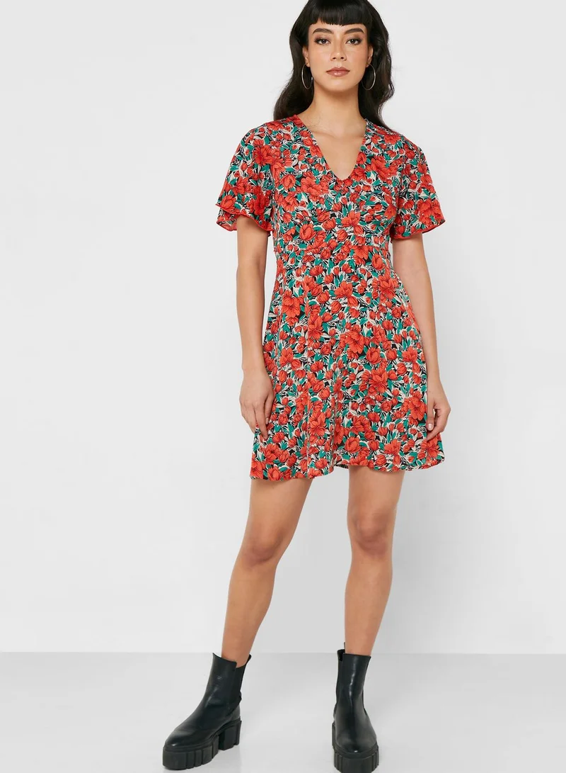 ELLA Printed V Neck Dress