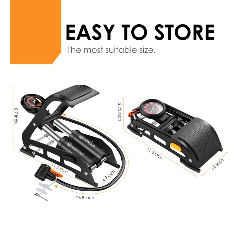 VERENO Double Barrel Bike Floor Foot Pump,Portable Air Pump Inflator Pump with 160PSI Precision Pressure Gauge Fits Presta Schrader and Deutschland Valve for Bicycle,Ball,Scooter,Car,Toys Inflatable - Image 5