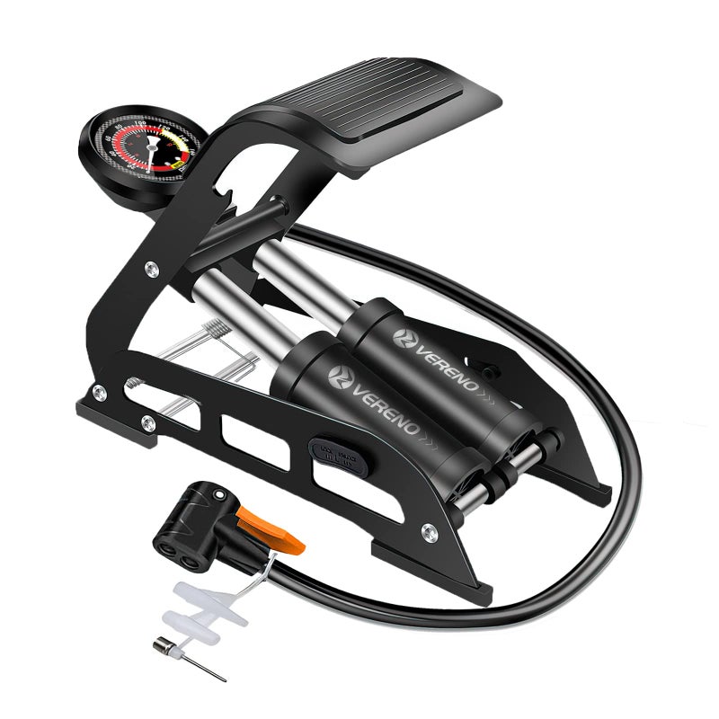 VERENO Double Barrel Bike Floor Foot Pump,Portable Air Pump Inflator Pump with 160PSI Precision Pressure Gauge Fits Presta Schrader and Deutschland Valve for Bicycle,Ball,Scooter,Car,Toys Inflatable - Image 1