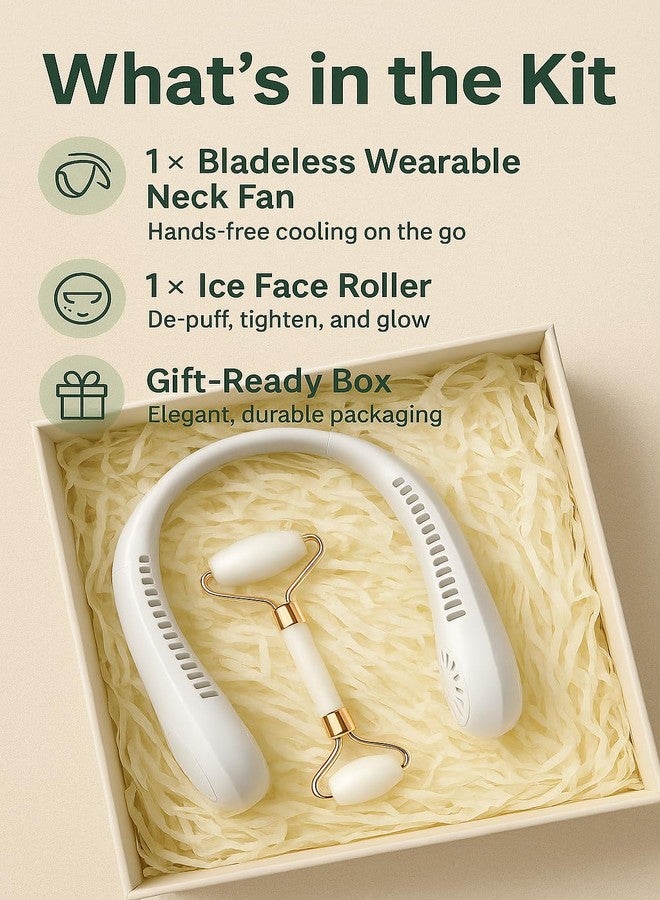 Face Ice Roller + Wearable Neck Fan | Gift-Ready Box, premium selfcare kit| Quiet 3-Speed Cooling fan | Spa-Day Relief for Puffiness, Post-Workout & Travel | Gifts for Her Under $25 - Image 2