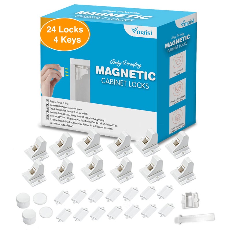 Vmaisi Adhesive Magnetic Locks for Cabinets Drawers 24 Pack and 4 Keys Cradle