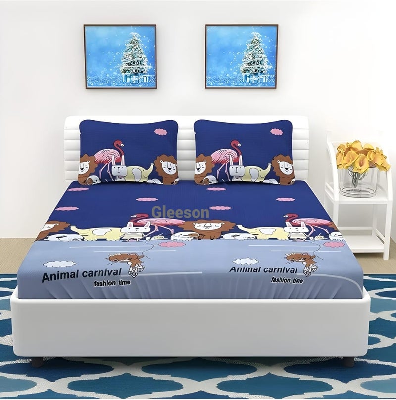 Gleeson Cotton Bedsheet For Kids Girls Room,Elastic Fitted Bed Sheet King Size Bed,Animals Prints Bedsheet,Fitted With Pillow Covers Double (72 X 78 8 Inch) All Around Elastic, 300 Tc, Blue) - Image 3