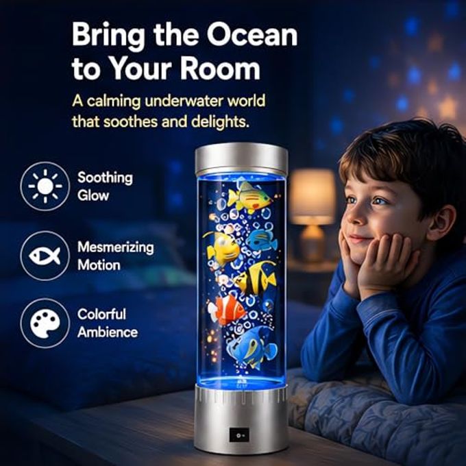 rayihni Bubble Fish Lamp With Floating Fake Fish  Led Aquarium Night Light With Bubbles  Cylindrical Transparent Tank, Perfect For Rooms, Offices, And Living Spaces - Image 2