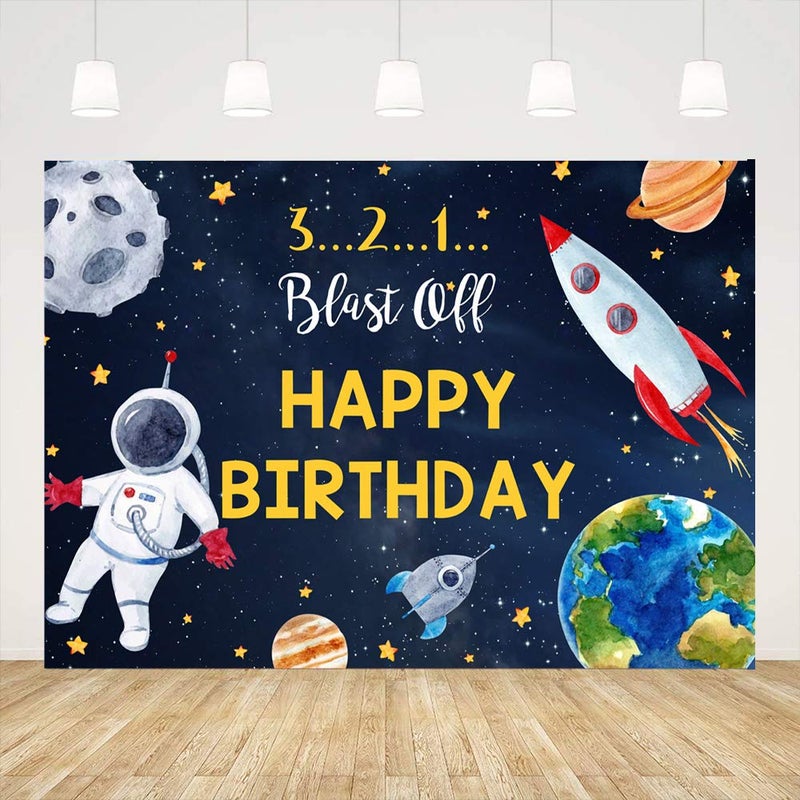 Ticuenicoa 7x5ft to The Moon Happy Birthday Backdrop for Boy Outer Space Rocket Astronaut Theme Backdrop Night Sky Gold Hanging Stars Planet Galaxy Photo Background Kids Birthday Party Decoration