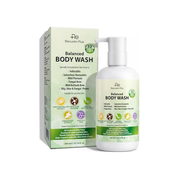 Recuren Plus Antifungal Body Wash Soap: Antibacterial, Shower Gel for Back Acne, Seborrheic Dermatitis, Folliculitis, Psoriasis, Jock Itch & Ringworm (10 Fl Oz (Pack of 1), Herbal Floral)