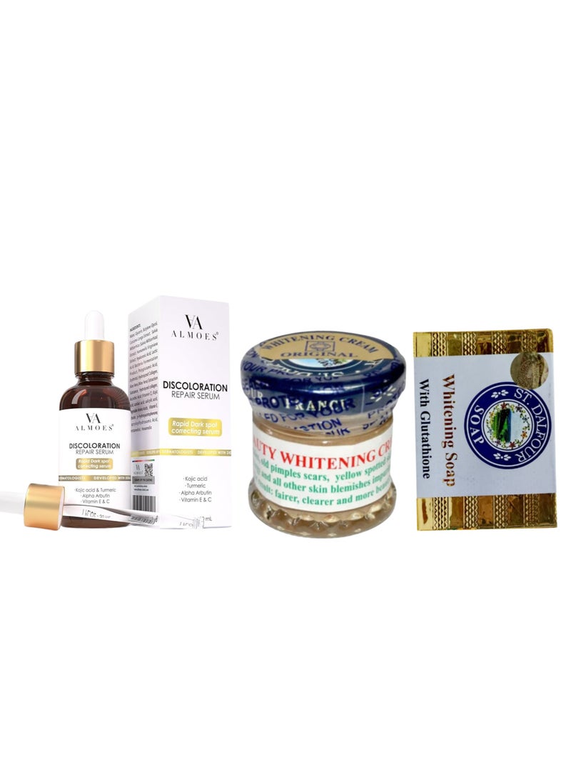 St.Dalfour Dark Spot Correction and Skin Brightening Set - Dalfour Soap 135g, Dalfour Excel Beauty Cream 50g, and Almoes Serum 30ml  - Image 1