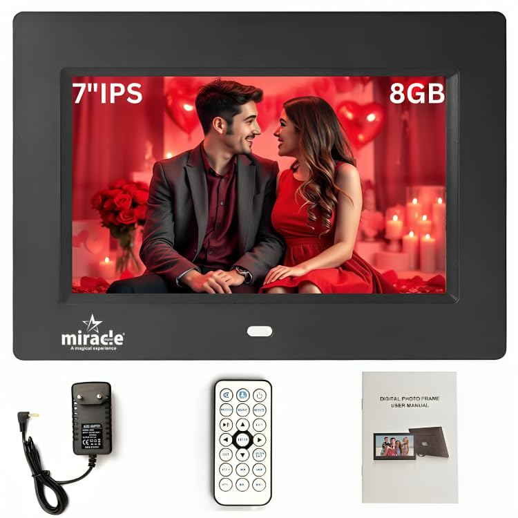 Miracle Digital 7 Inch IPS HD Digital Photo Frame, 1024×600 Display, 8GB Memory, 2GB RAM, 180° Wide Angle, Photo Video Music Playback, Slideshow, SD Card & USB Support with Remote - Image 1