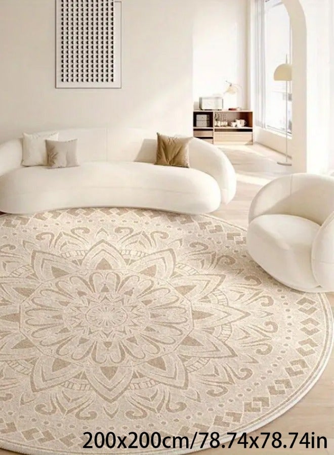 Mandala Round Rug for Living Room Bedroom Dining Kitchen Table Entryway Foyer Thin Washable Circle Area Rug Retro Home Office Circular Carpet Beige 200×200cm - Image 1