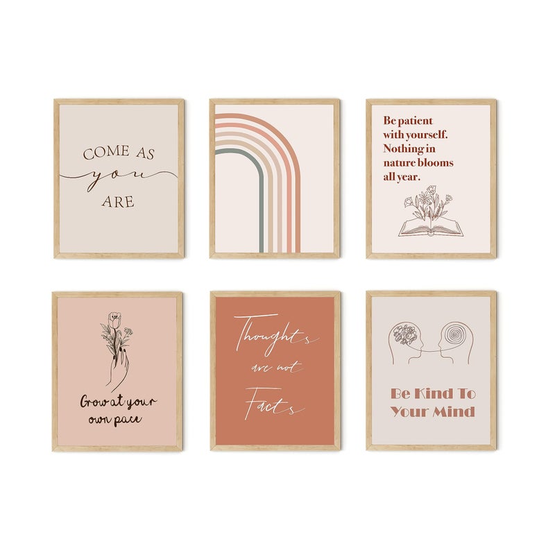 TwoDays Boho Office Decor Positive Affirmation Posters for Classroom Therapy Quotes for Women Bohemian Inspirational Wall Art for Bedroom Chic Psychology Prints 8 x 10 Set of 6 UNFRAMED