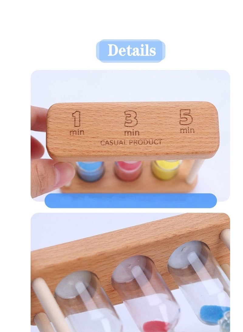 SOLARAE ساعة رملية خشبية مؤقت إطار خشبي ساعة رملية ساعة رملية مؤقت 1+3+5 دقيقة زينة ساعة رملية صغيرة هدية للألعاب والفصول الدراسية وزينة المنزل والمكتب (ملون) - Image 3