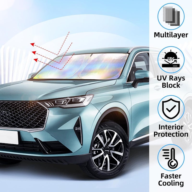 KASTWAVE Laser Reflective Windshield Sunshade - UV-Blocking, Foldable with Storage Bag, Fits Cars, SUVs, Trucks (L: 142 * 80 CM) - Image 2