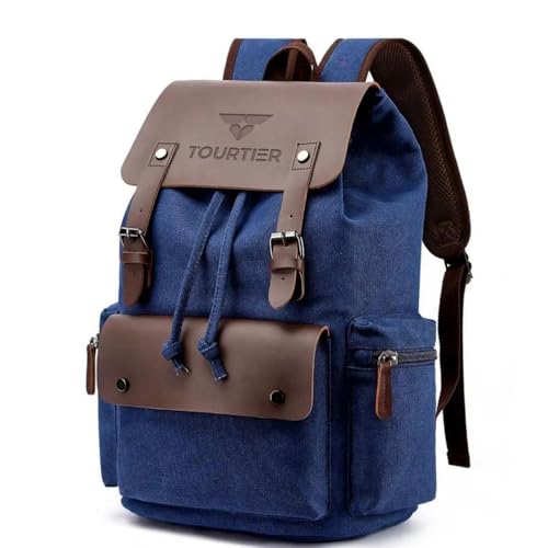 TOURTIER Canvas Travel Daypack Drawstring Backpack Flip Bag Retro Laptop Bag for Men Women (BLUE) - Image 1