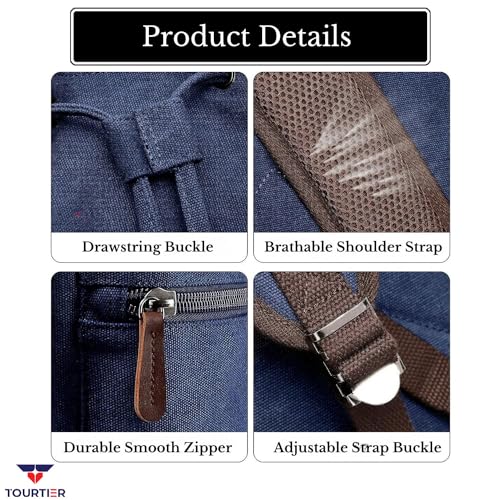 TOURTIER Canvas Travel Daypack Drawstring Backpack Flip Bag Retro Laptop Bag for Men Women (BLUE) - Image 3