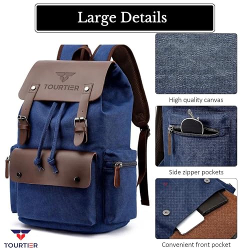 TOURTIER Canvas Travel Daypack Drawstring Backpack Flip Bag Retro Laptop Bag for Men Women (BLUE) - Image 4