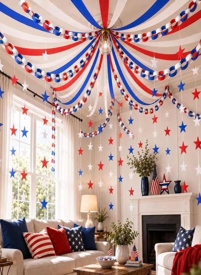 Oitnlaughter 4th of July Party Decorations 492ft Red White Blue Crepe Streamers 300 Sheet Paper Strips Chain 78.7ft Star Garlands for DIY Crafts 250th Anniversary Patriotic Memorial Day Ceiling Decor - Image 1