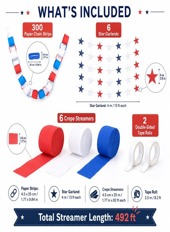 Oitnlaughter 4th of July Party Decorations 492ft Red White Blue Crepe Streamers 300 Sheet Paper Strips Chain 78.7ft Star Garlands for DIY Crafts 250th Anniversary Patriotic Memorial Day Ceiling Decor - Image 2