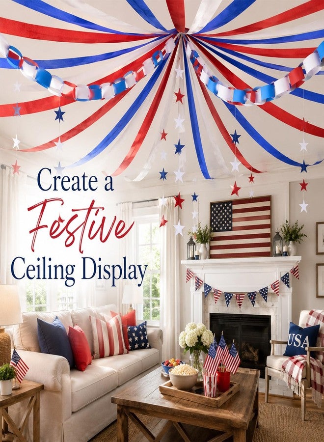 Oitnlaughter 4th of July Party Decorations 492ft Red White Blue Crepe Streamers 300 Sheet Paper Strips Chain 78.7ft Star Garlands for DIY Crafts 250th Anniversary Patriotic Memorial Day Ceiling Decor - Image 4
