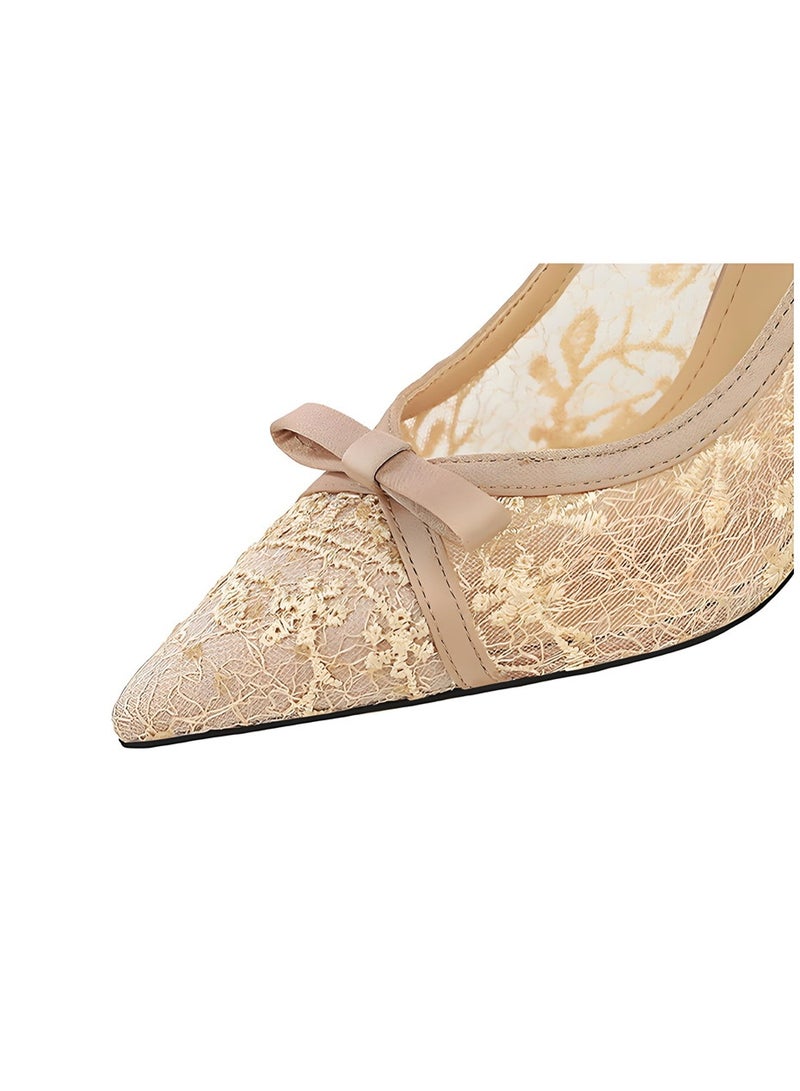 بيج تري المرأة قوس الدانتيل شبكة مضخات مغلقة أشار إصبع القدم كعب عالي أحذية الشمبانيا 9.5CM - Image 4