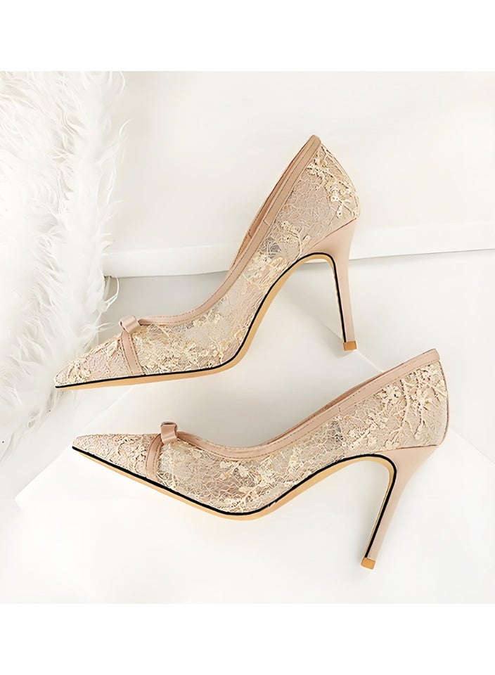 بيج تري المرأة قوس الدانتيل شبكة مضخات مغلقة أشار إصبع القدم كعب عالي أحذية الشمبانيا 9.5CM - Image 3